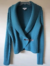 Shawl Collar Teal Cardigan Sweater With Toggle Closure,48% Merino Wool,Loft,M