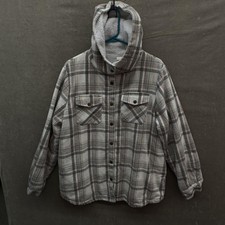 Womens Jacket XL Gray Plaid Hooded Sherpa Lined Shacket Button Front Pre-Owned E