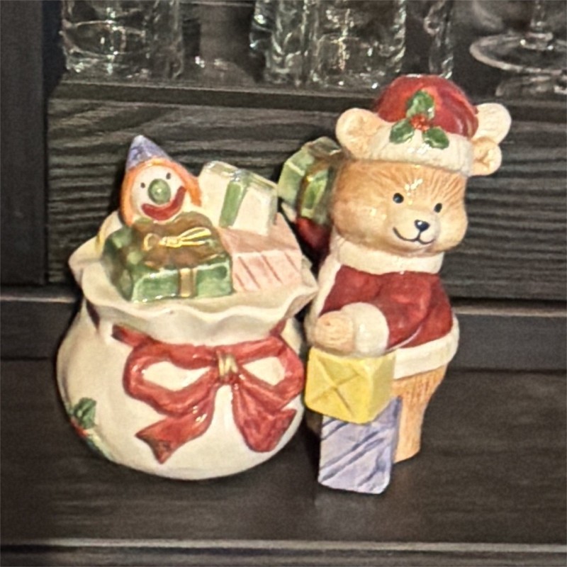 OCJ Ceramic Christmas Teddy Bear Figurine 1992 Glossy Painted 5in w/ Gift Bag
