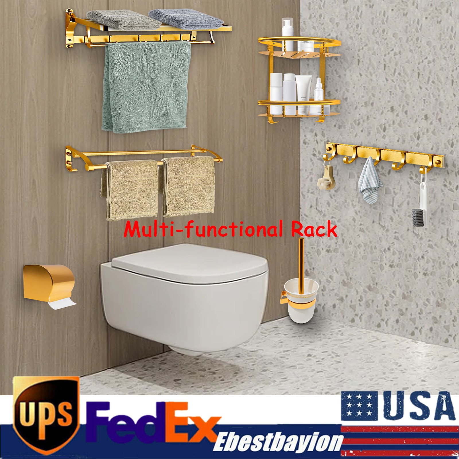 Gold Wall-Mounted Bathroom Set with Toilet Brush Holder & Towel Rack