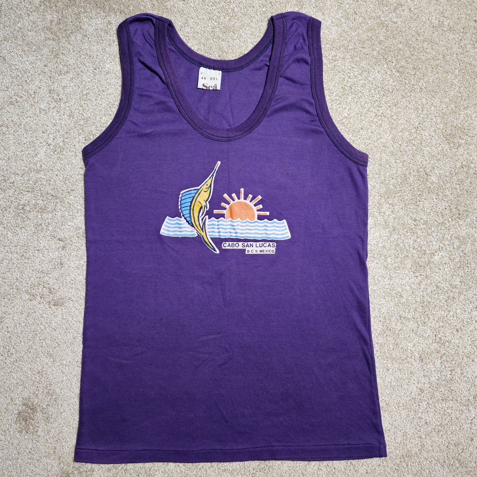 Vintage 70s 80s Cabo San Lucas Tank Top Mens S Surf Grunge Single Stitch Purple