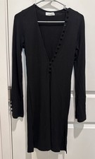 Flynn Skye Black Ribbed Knit V-Neck Long Sleeve Mini Dress Button Front S
