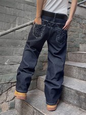 Uomo Wide Leg Baggy Jeans Embroidered Pockets Dark Wash Blue taglia 48 