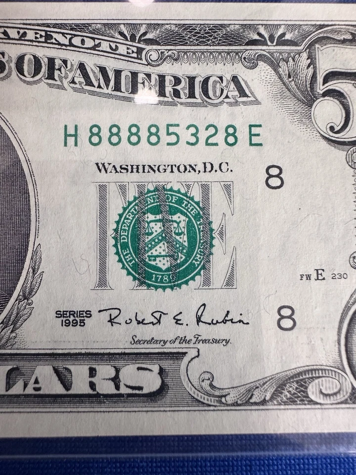 1995 $5 Five Dollar Bill Graded With Fancy Serial Number / 5 Of A Kind , - Image 2 of 4