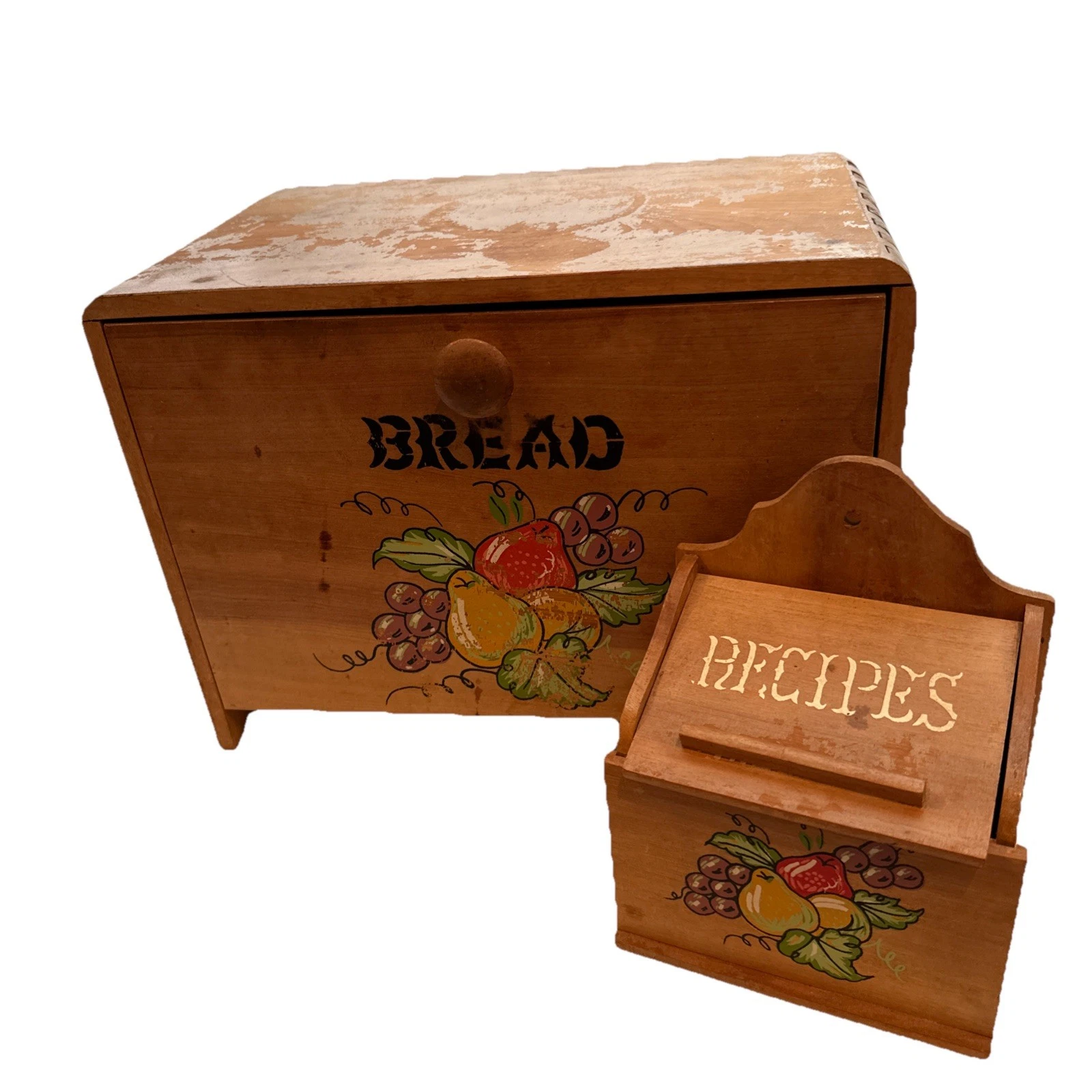VTG Wooden Bread Box Hand Painted Farmhouse Cottage Core Recipe Box and Stand