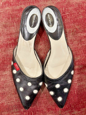 Miss Sixty Vintage Leather polka dot blk/white mules kitten heel Women's Sz 39