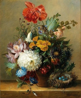 1800s Antique Still Life Birds Nest Floral Painting Reproduction Giclee Print
