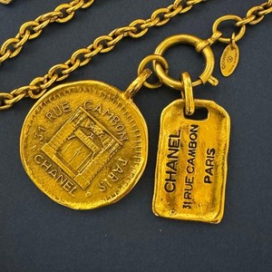 Authentic CHANEL Cambon Necklace Coin Plate Chain Gold plated Pendent 83cm Jewelry
