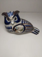 Mexican Painted Owl Figurine Pottery Folk Art Bird Tonala Signed Blue