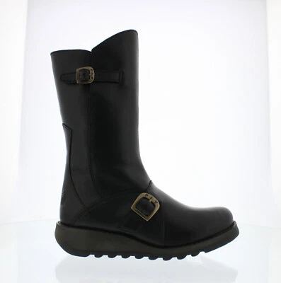 Fly London Mes 2 Femmes Noires Mi-Mollet Talons Wedge Zip En Cuir Bottes - Photo 1/4