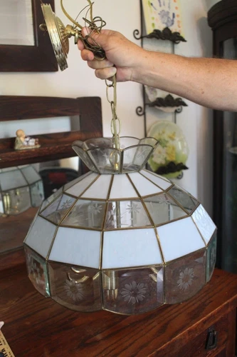 Vintage Tiffany Style Stained Slag Glass Hanging Ceiling Light Fixture Swag Lamp