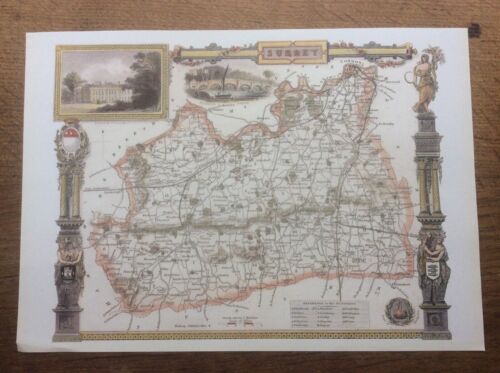 Surrey Antique Colour Map by Thomas Moule County Maps of Old England 14” - Picture 1 of 3
