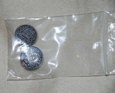 2 Silver Tone Ornate Faux Metal Crest Shield Shank Buttons 19mm dia Sew Notion