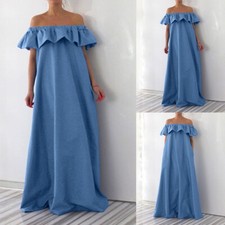 Women Denim Off Shoulder Summer Ruffle Maxi Long Dress Holiday Beach Sundress