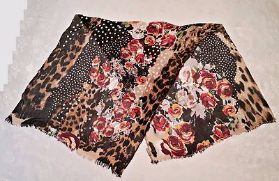 GERMANY VINTAGE CODELLO ROSES DOTS BLACK RED GREEN WOOL BLEND LONG WOMENS SCARF