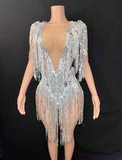 Women Sequins Tassels Jumpsuit Dancer Singer Stage Wear Bodysuit Party Costume