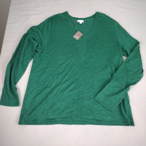 J.Jill Women's Blouse Large L Long Sleeve V-Neck Meadow Green Cotton Linen NWT