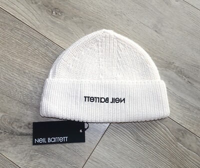 NEIL BARRETT HAT reverse logo white wool beanie winter warm knit cap