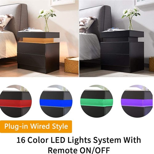 LED RGB Nightstand Bed Side Table Night Stand 2 High Gloss Drawers Bedroom Desk - Picture 4 of 11