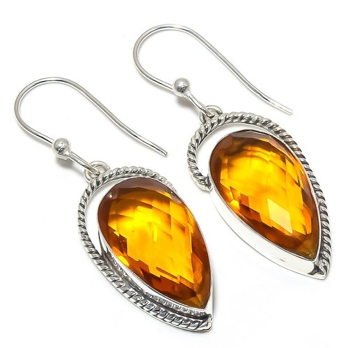 Boucles D'Oreilles Argent Sterling Avec Chaîne Et Citrine Naturelle #1518 - Neuves ROSEMIMOSA