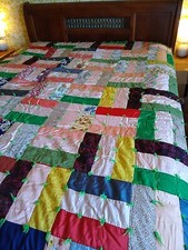Vintage QUILT Silk Rail Fence 87" x 70" Handmade Gorgeous
