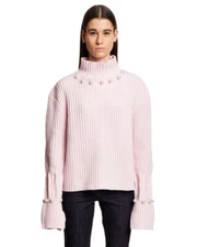 JW ANDERSON Light Pink Chunky Ribbed Knit Turtleneck Sweater Faux Pearls XS