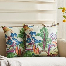 Pack of 2, Chinoiserie Pillow Cover 20 x 20 Inch Asian Scenic Coral and Green...