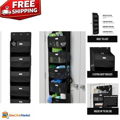 Elegant Over The Door Organizer with 5 Deep Shelves, Holds 50lbs - Black 58x15