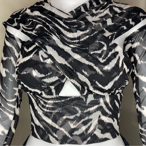 Naked Wardrobe Mesh Crossover Long Sleeve Black White Zebra print Cropped Top S - Picture 3 of 7
