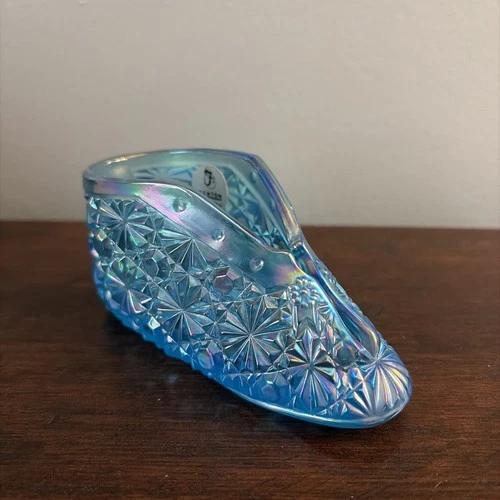 Fenton Iridescent Blue Baby Shoe Daisy and Button Pattern