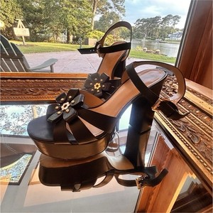 Michael Kors Black Platform Sandals Studded Bow Ankle Strap Block Heel 8
