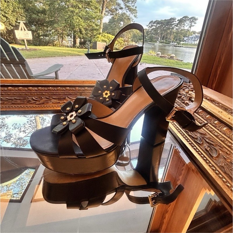 Michael Kors Black Platform Sandals Studded Bow Ankle Strap Block Heel 8