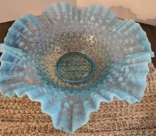 FENTON BLUE OPALESCENT HOBNAIL RUFFLED EDGE LARGE 11" VINTAGE GLASS BOWL Exc