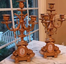 Antique Pair Italian Brevattato Gilt Metal Candelabras Porcelain Cherub Plaque