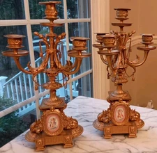 Antique Pair Italian Brevattato Gilt Metal Candelabras Porcelain Cherub Plaque