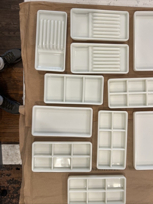 Vintage 11 miscellaneous Milk Glass Dental Tool Trays,  American Cabinet Co