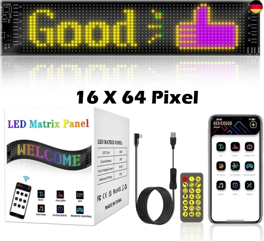 LED Matrix Panel 16x64 RGB App Steuerung Bluetooth USB IP65 Animation Display