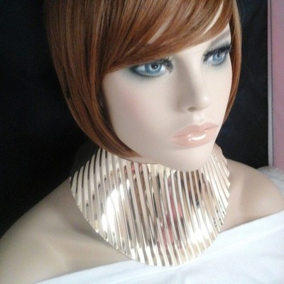 Massive Chunky Goldtone Ribbed Armor Statement Choker Necklace Set