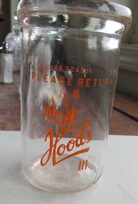 It's Hood's Half Pint Cream milk bottle Wide mouth top Orange letters 