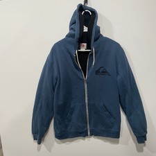 Quiksilver Mens Sherpa Lined Zip Up Hoodie Blue Logo Graphic Size M