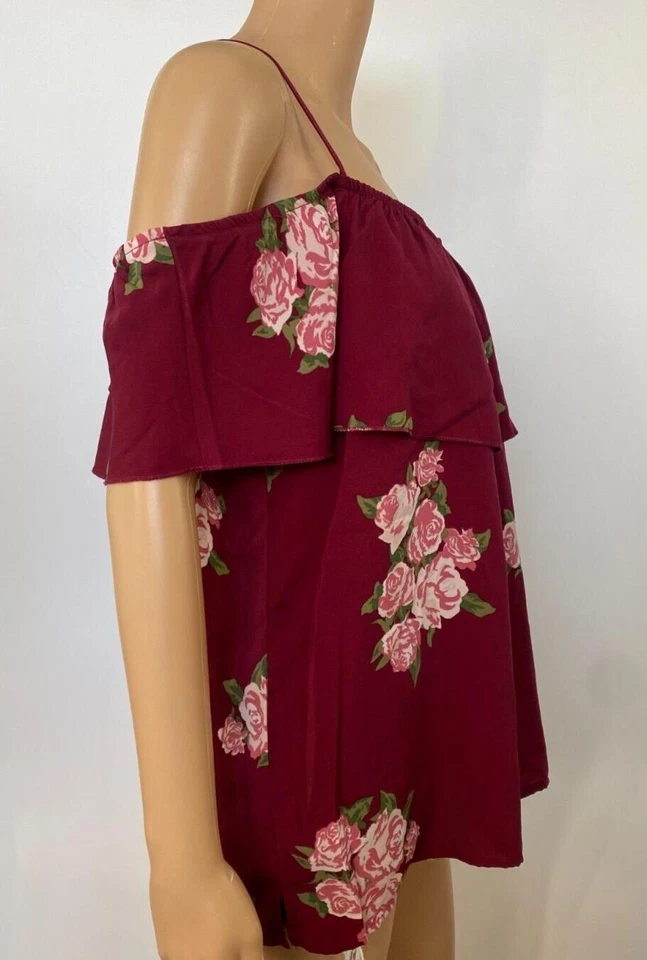 Blusa Top para mujer No Boundaries talla XXL 2XL roja borgoña floral hombro descubierto Foto 3 de 4