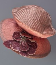 Vintage Pink Straw Hat w/ Velvet Flower Trim Signed Designer Millinery Statement