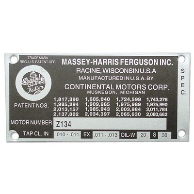 MFS170 Blank Engine Serial Number Tag With 4 Rivets Fits Massey Ferguson