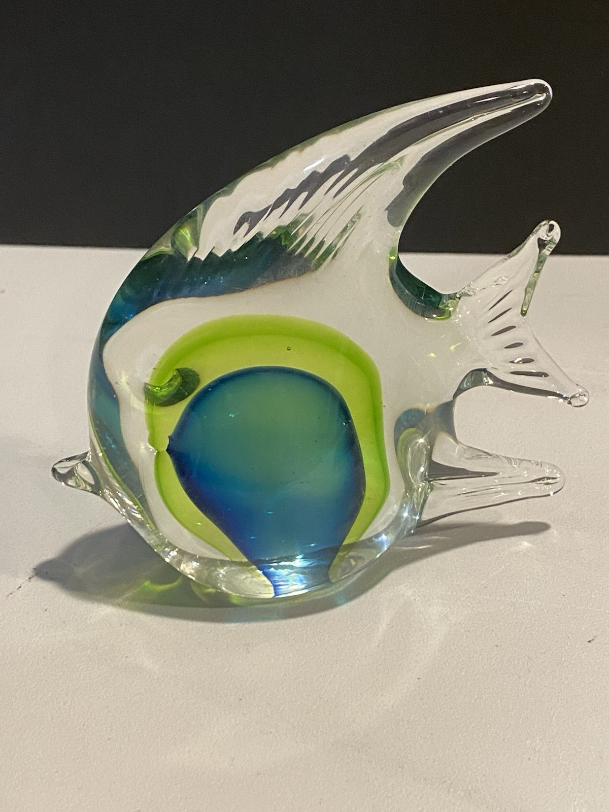 Vintage Hand Blown Glass Angel Fish Figurine, Paper Weight In Green And Blue