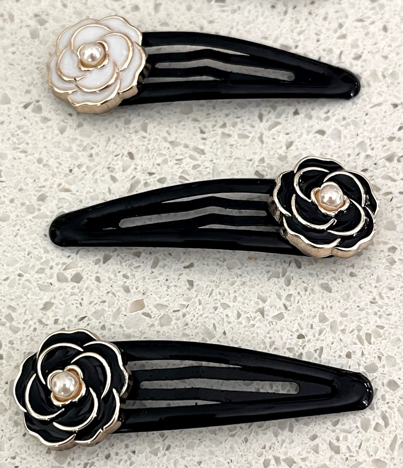 Designer Inspired Camellia Hair Clips Set of 4 Black Gold White Gold Faux Pearl - Image 3 of 4