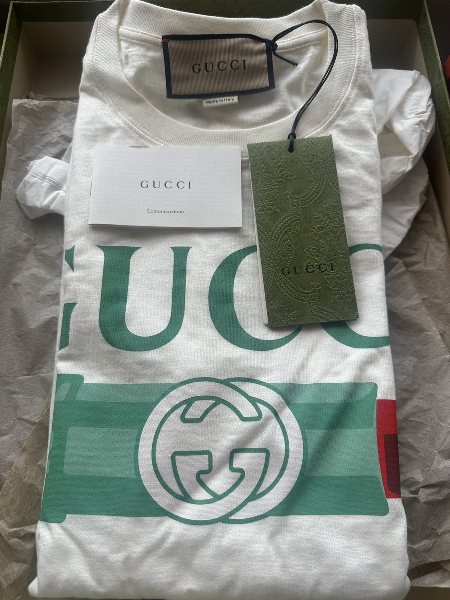 GUCCI ポロシャツ ホワイト/レッド/グリーン Gucci Men's Logo Graphic Cotton Jersey T-Shirt White Green Red XXS
