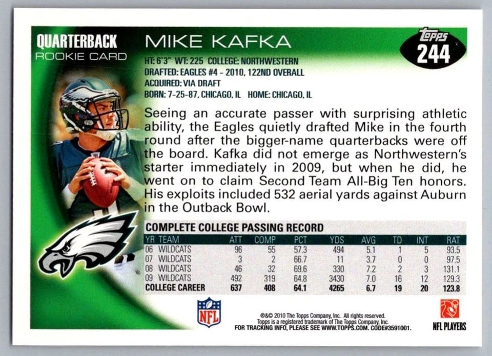 2010 Topps Mike Kafka Rookie Philadelphia Eagles #244 - Image 2 of 2