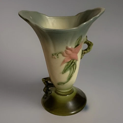 Hull Pottery Woodland Vase Blue and Green Floral Gloss 8"T Vintage 1950s