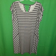 2555) NWOT TALBOTS large black striped below knee dress rayon knit pockets new