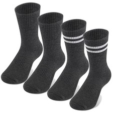 Kids Boys Crew Socks - 4 Pack Ribbed Towel Bottom Medium Grey and Striped Grey